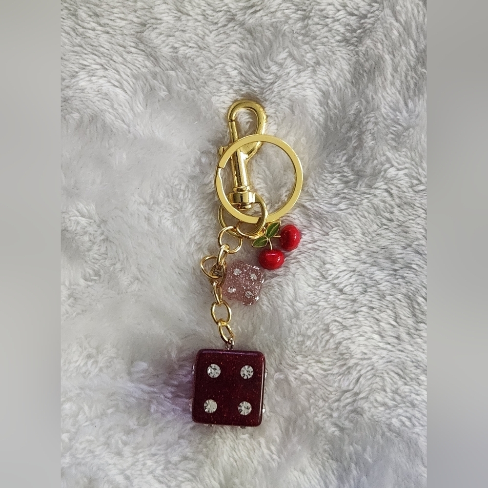 Gold and Red Dice Keychain with Cherry Charm Bag Charm